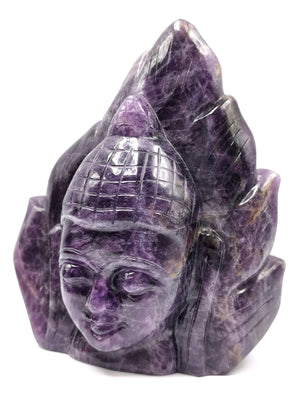 Buddha Head on leaf handmade carving in Amethyst gemstone - serene and meditating Lord Buddha face - crystal/reiki/healing - 5.5 inches and 1.13 kgs