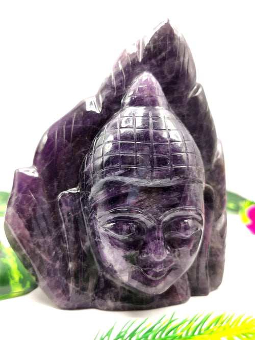 Buddha Head on leaf handmade carving in Amethyst gemstone - serene and meditating Lord Buddha face - crystal/reiki/healing - 5.5 inches and 1.13 kgs