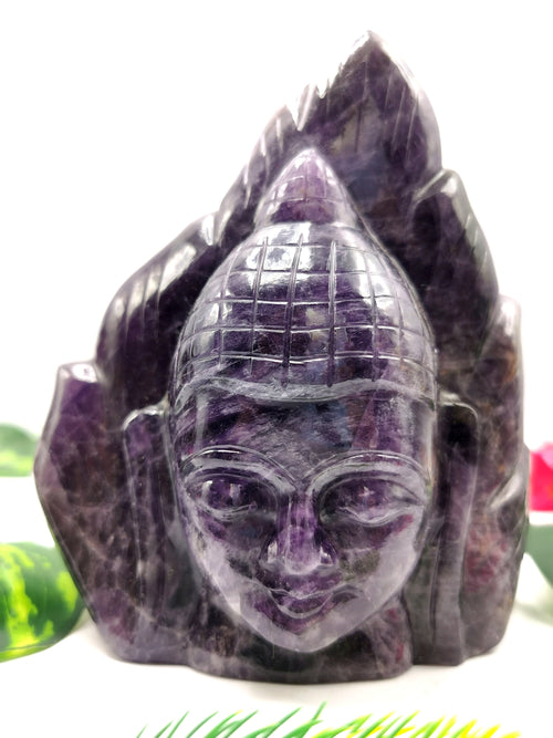 Buddha Head on leaf handmade carving in Amethyst gemstone - serene and meditating Lord Buddha face - crystal/reiki/healing - 5.5 inches and 1.13 kgs