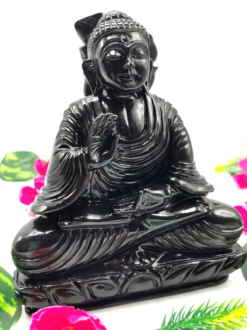 Buddha statue in Black agate gemstone hand carved - carving of serene and meditating Lord Buddha - crystal/reiki/chakra - 6 inch and 1.39 kg (3.06 lb)