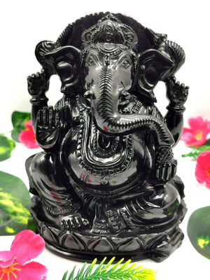 Majestic Black Agate gemstone Carving of Ganesh - Lord Ganesha Idol in Crystals/Gemstone - Reiki/Chakra/Healing/Energy - 6 in and 1.56 kg (3.43 lb)