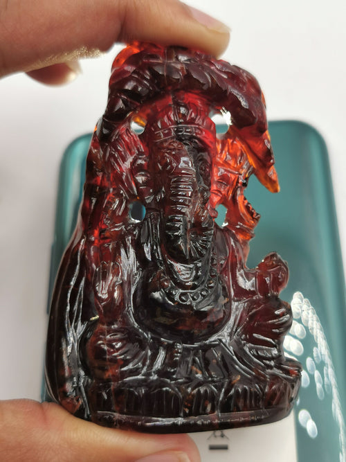 Hessonite Garnet Handmade Carving of Ganesh - Lord Ganesha Idol/Murti in Crystals and Gemstones -Reiki/Chakra/Healing - 3 in and 581 carats