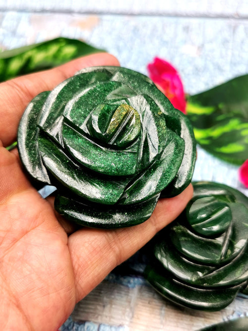 Dark Green Aventurine rose flower carvings - crystal/gemstone/reiki/chakra - ONE PIECE ONLY - 2.5 inch and 120 gms (0.26 lb)