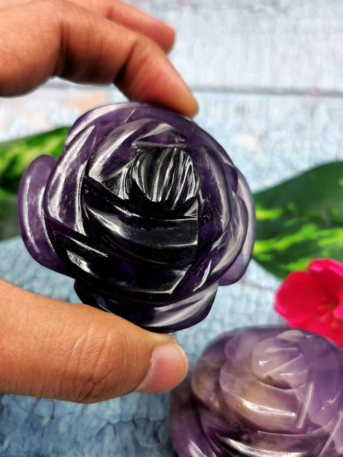 Amethyst crystal hand made rose flower carvings - crystal/gemstone/reiki/chakra - ONE PIECE ONLY - 2.25 inch and 125 gms (0.28 lb)