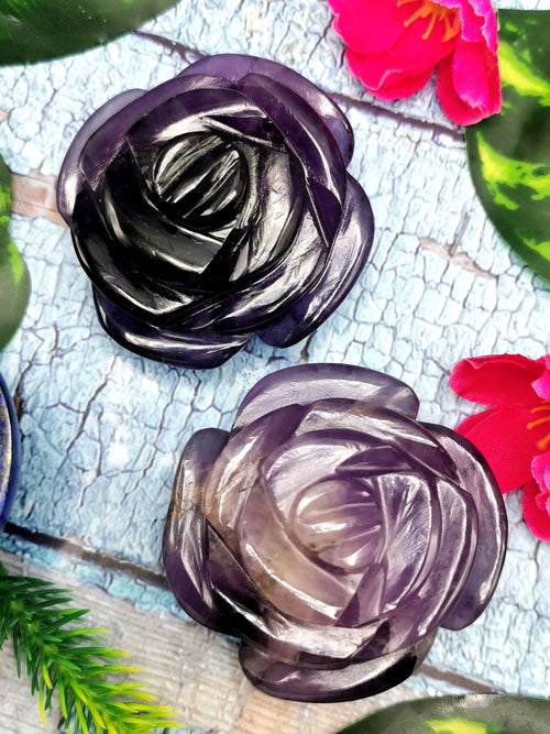 Amethyst crystal hand made rose flower carvings - crystal/gemstone/reiki/chakra - ONE PIECE ONLY - 2.25 inch and 125 gms (0.28 lb)