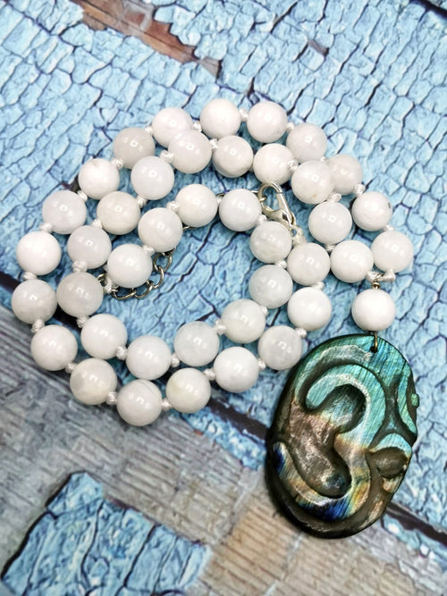 Unique mala in rainbow moonstone necklace with labradorite Om pendant | gemstone/crystal jewelry | Mother's Day/Birthday/Valentine's Day gift