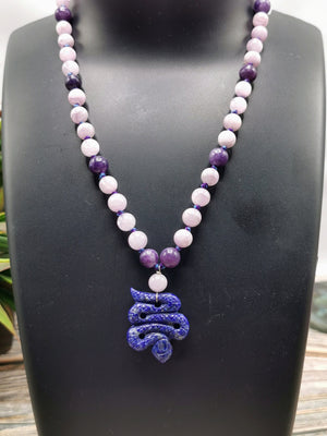 Exquisite lepidolite and kunzite necklace / mala with lapis lazuli snake pendant |gemstone/crystal jewelry| Mother's Day/Birthday/Valentine's Day gift