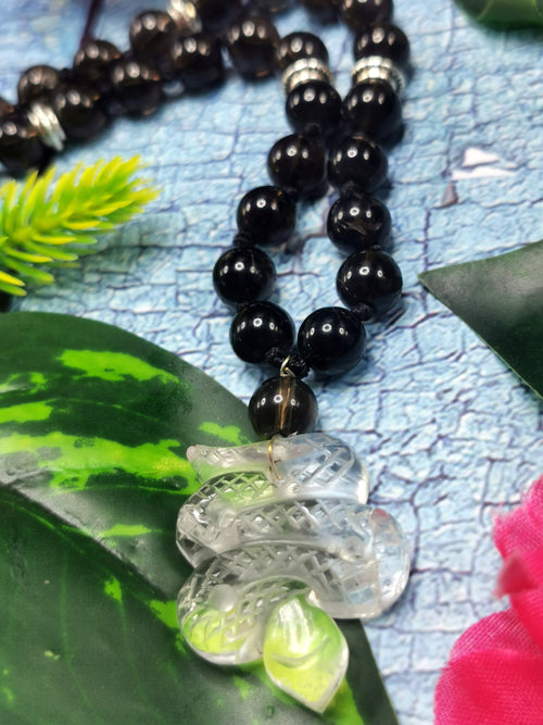 Unique smokey quartz mala / necklace with clear quartz snake pendant |gemstone/crystal jewelry| Mother's Day/Birthday/Valentine's Day gift
