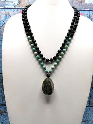 Unique mala in amazonite and silver obsidian 108 bead with labradorite peacock pendant |gemstone/crystal jewelry/necklace |Mother's Day/Birthday gift