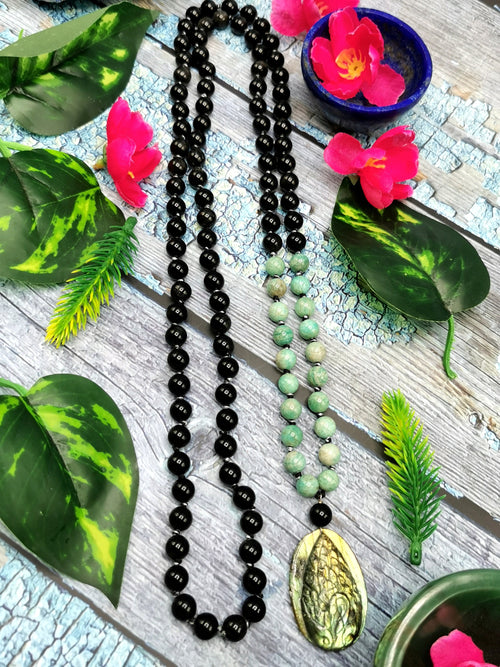 Unique mala in amazonite and silver obsidian 108 bead with labradorite peacock pendant |gemstone/crystal jewelry/necklace |Mother's Day/Birthday gift