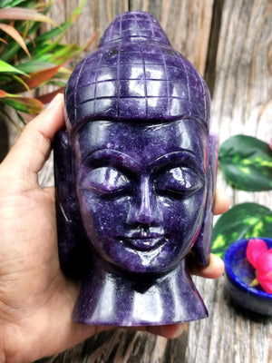Buddha face / head in lepiodolite gemstone - handmade carving of serene and meditating Lord Buddha - crystal home decor - 6 inches and 1.51 kg (3.32 lb)