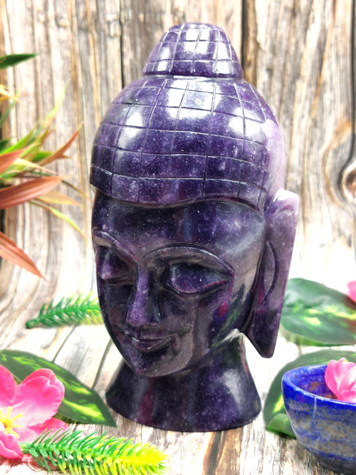 Buddha face / head in lepiodolite gemstone - handmade carving of serene and meditating Lord Buddha - crystal home decor - 6 inches and 1.51 kg (3.32 lb)
