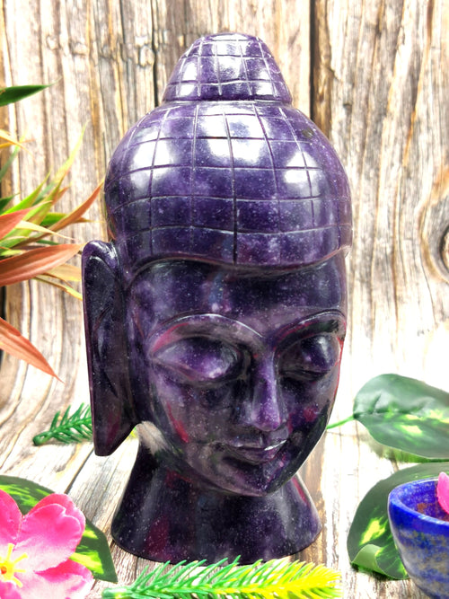 Buddha face / head in lepiodolite gemstone - handmade carving of serene and meditating Lord Buddha - crystal home decor - 6 inches and 1.51 kg (3.32 lb)