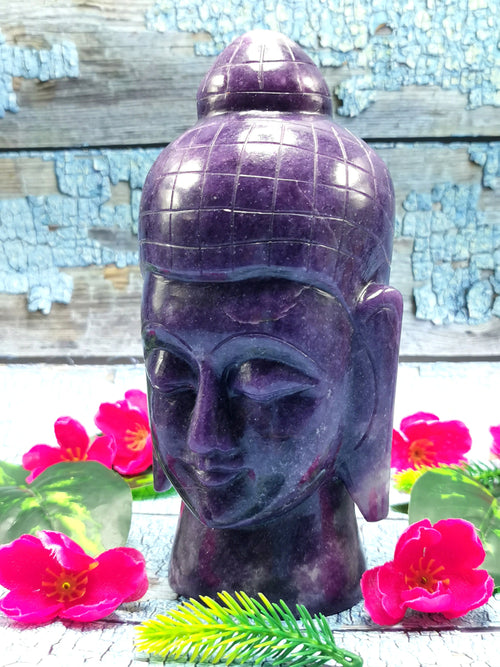 Buddha Head in Lepidolite - handmade carving of serene and meditating Lord Buddha - crystal home decor - 7 inches and 1.80 kg (3.96 lb)