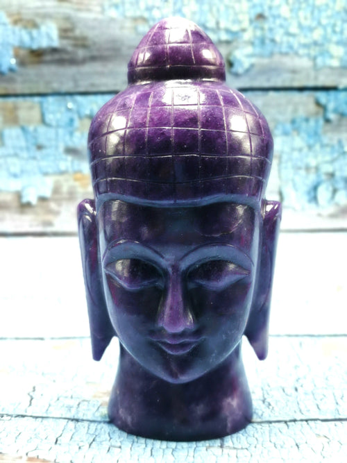 Buddha Head in Lepidolite - handmade carving of serene and meditating Lord Buddha - crystal home decor - 7 inches and 1.80 kg (3.96 lb)