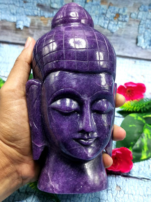 Buddha Head in Lepidolite - handmade carving of serene and meditating Lord Buddha - crystal home decor - 7 inches and 1.80 kg (3.96 lb)
