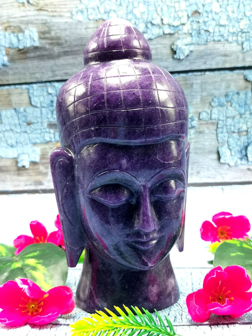 Buddha Head in Lepidolite - handmade carving of serene and meditating Lord Buddha - crystal home decor - 7 inches and 1.80 kg (3.96 lb)