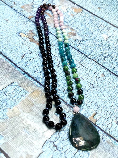 Exquisite multi-stone 108 bead necklace / mala with moss agate pendant | gemstone/crystal jewelry | Mother's Day/Anniversary/Engagement/Birthday gift