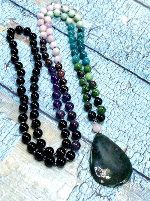 Exquisite multi-stone 108 bead necklace / mala with moss agate pendant | gemstone/crystal jewelry | Mother's Day/Anniversary/Engagement/Birthday gift