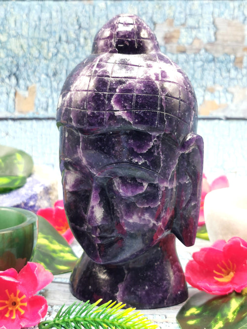 Lepidolite gemstone Buddha Head - handmade carving of serene and meditating Lord Buddha - crystal home decor - 6 inches and 1.37 kg (3.01 lb)