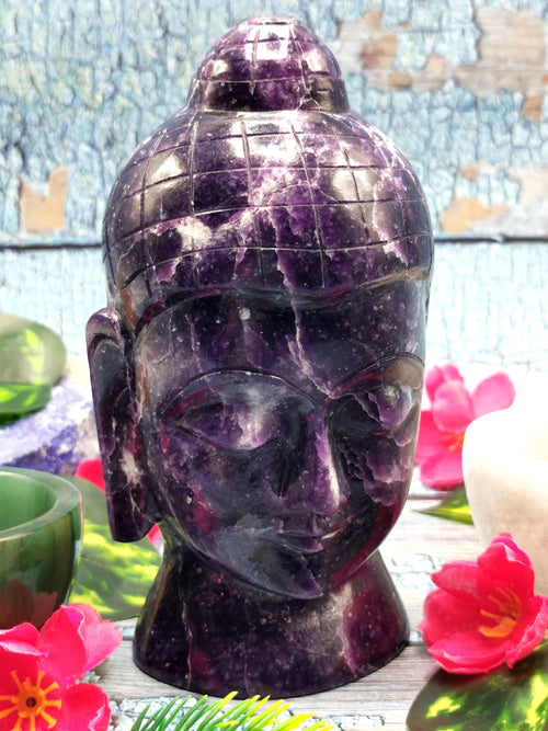 Lepidolite gemstone Buddha Head - handmade carving of serene and meditating Lord Buddha - crystal home decor - 6 inches and 1.37 kg (3.01 lb)