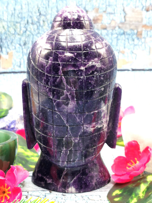 Lepidolite gemstone Buddha Head - handmade carving of serene and meditating Lord Buddha - crystal home decor - 6 inches and 1.37 kg (3.01 lb)