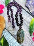 Unique black onyx and amethyst necklace with labradorite floral pendant | gemstone/crystal jewelry | Mother's Day/Birthday/Valentine's gift