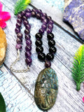 Unique black onyx and amethyst necklace with labradorite floral pendant | gemstone/crystal jewelry | Mother's Day/Birthday/Valentine's gift