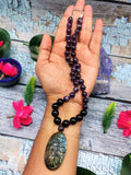 Unique black onyx and amethyst necklace with labradorite floral pendant | gemstone/crystal jewelry | Mother's Day/Birthday/Valentine's gift