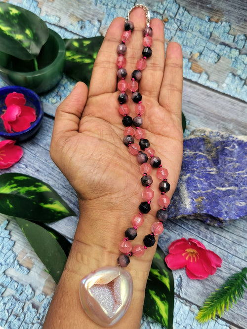 Unique black rhodonite and red cherry quartz necklace with druzy pendant | gemstone/crystal jewelry | Mother's Day/Birthday/Valentine's gift