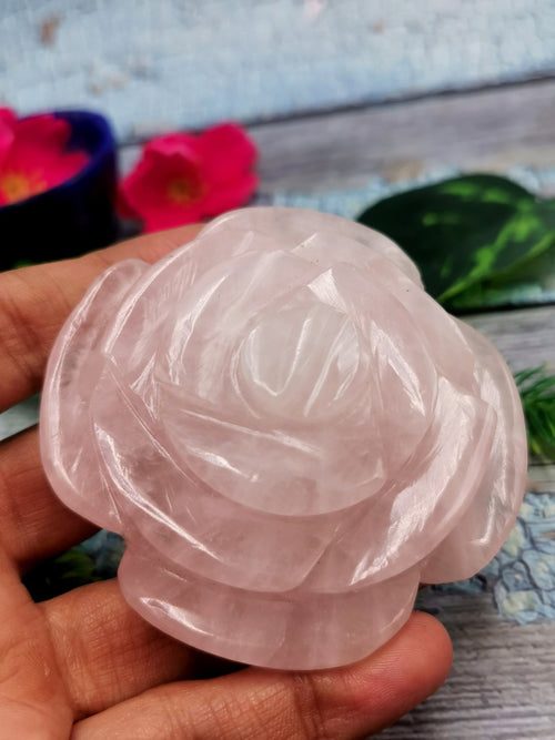 Gemstone Rose Quartz hand carved rose flower carvings - ONE PIECE ONLY - 3 inches and 190 gms (0.42 lb)