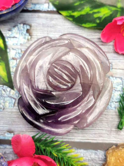 Amazing Amethyst hand carved rose flower carvings - crystal/gemstone/reiki/chakra - ONE PIECE ONLY - 3 inch and 210 gms (0.46 lb)