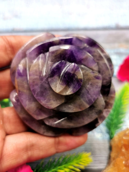Amethyst gemstone hand carved rose flower carvings - crystal/gemstone/reiki/chakra - ONE PIECE ONLY - 2.8 inch and 180 gms (0.40 lb)