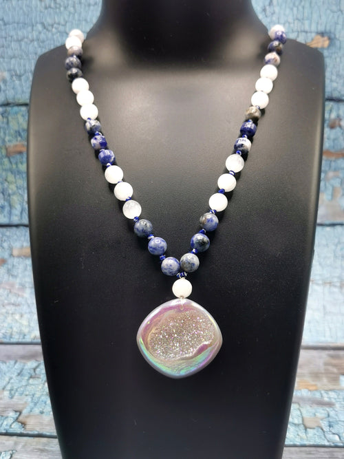 Mala in selenite, sodalite and druzy necklace | gemstone  / crystal jewelry | Mother's Day / Birthday / Anniversary / Valentine's Day gift