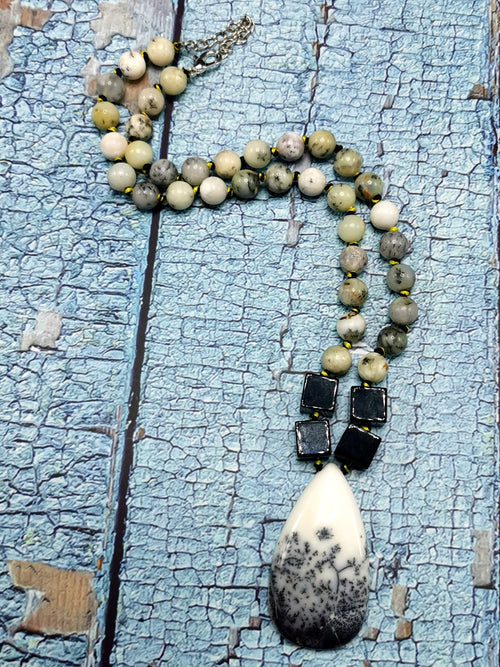 Unique mala in dendtritic opal and black onyx jasper necklace | gemstone/crystal jewelry | Mother's Day/Birthday/Anniversary/Valentine's Day gift