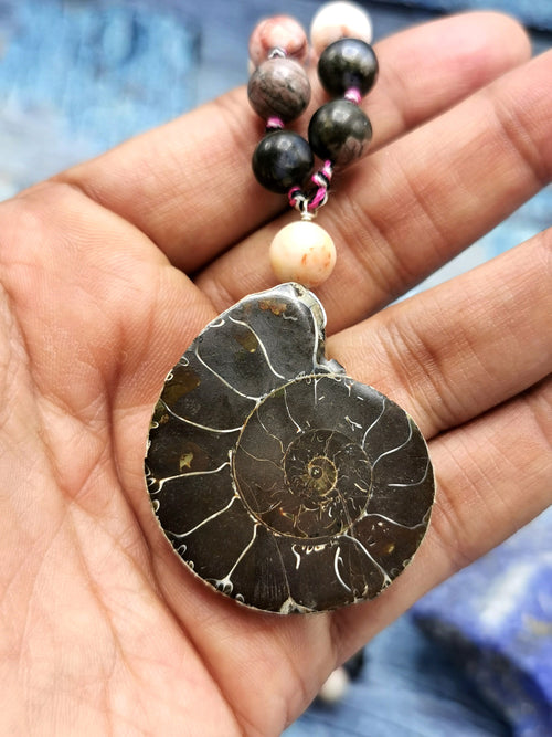 Multiple gemstone beads necklace with ammonite pendant