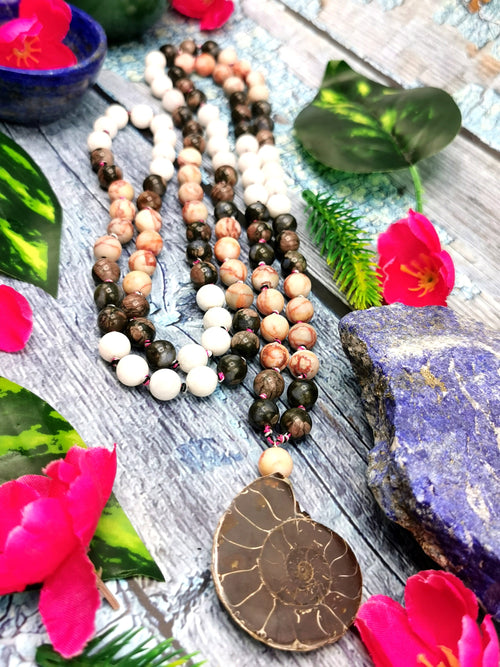 Multiple gemstone beads necklace with ammonite pendant