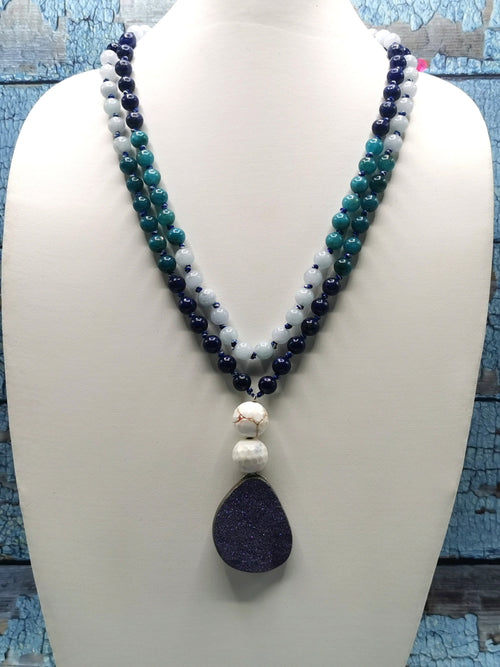 Druzy pendant 108 bead necklace with multiple gemstone beads