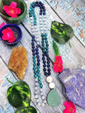 Druzy pendant 108 bead necklace with multiple gemstone beads