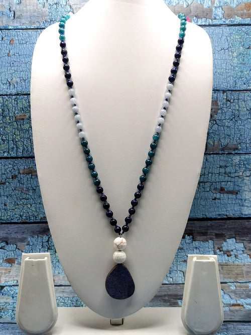 Druzy pendant 108 bead necklace with multiple gemstone beads