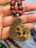 Ammonite pendant 108 bead gemstone necklace with multiple natural stones