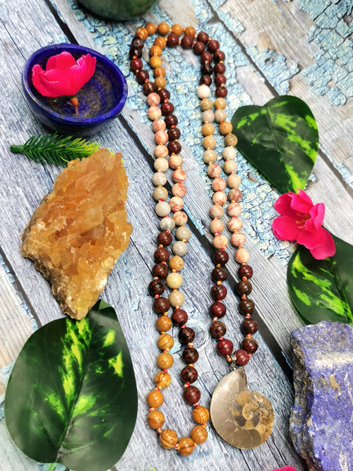Ammonite pendant 108 bead gemstone necklace with multiple natural stones