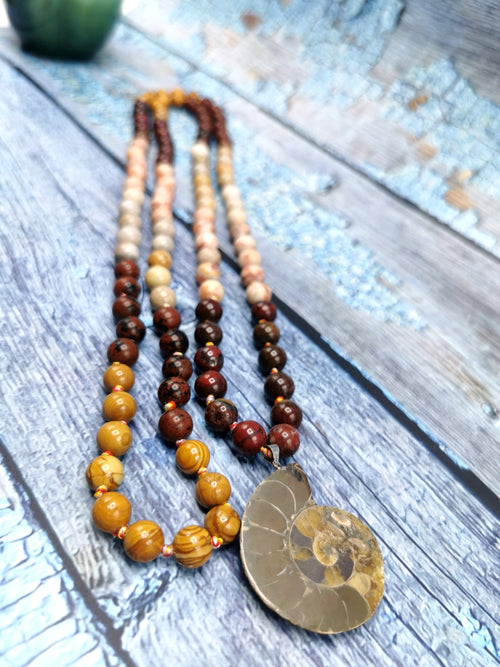 Ammonite pendant 108 bead gemstone necklace with multiple natural stones
