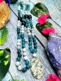 108 bead gemstone necklace with druzy pendant