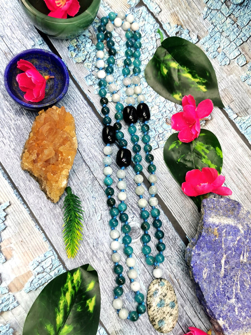 108 bead gemstone necklace with druzy pendant