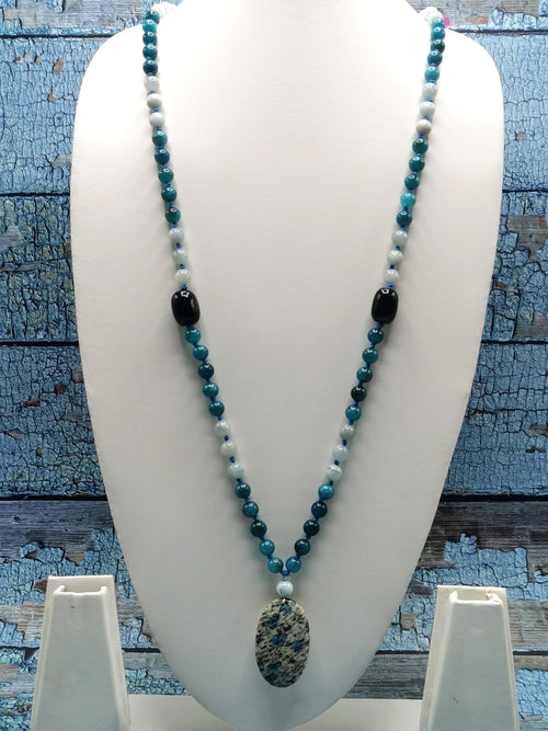 108 bead gemstone necklace with druzy pendant