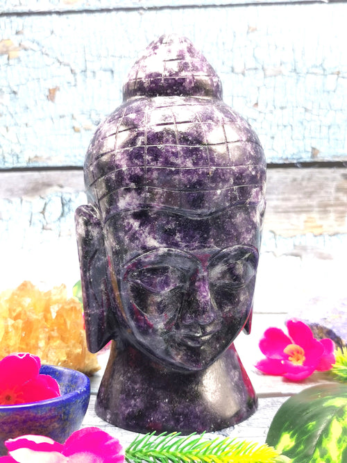 Lepidolite Buddha face / head handmade carving of serene and meditating Lord Buddha - crystal home decor - 7 inches and 1.53 kg (3.37 lb)