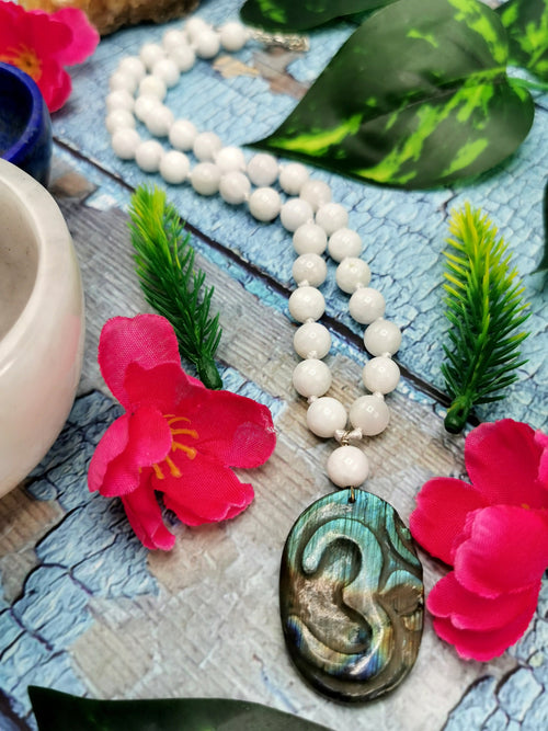 Unique mala in rainbow moonstone necklace with labradorite Om pendant | gemstone/crystal jewelry | Mother's Day/Birthday/Valentine's Day gift