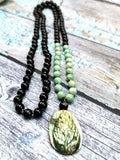 Unique mala in amazonite and silver obsidian 108 bead with labradorite peacock pendant |gemstone/crystal jewelry/necklace |Mother's Day/Birthday gift