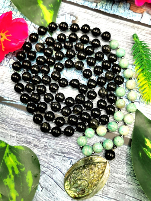 Unique mala in amazonite and silver obsidian 108 bead with labradorite peacock pendant |gemstone/crystal jewelry/necklace |Mother's Day/Birthday gift